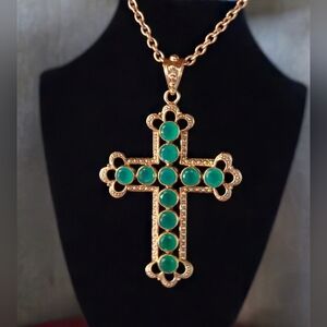 Nicky Butler Designer Signed Bronze Collection Green Chalcedony Cross Necklace